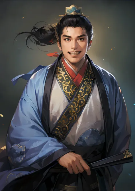 (((Maintain color ))), ((( picture style maintenance ))), (( Koei Three Kingdoms illustration style)), ((Maintain the composition)),  Attractive Man ,  dark background , black eyes, (( black hair)), plump body type, Man holding a folded fan in one hand, 밝게...