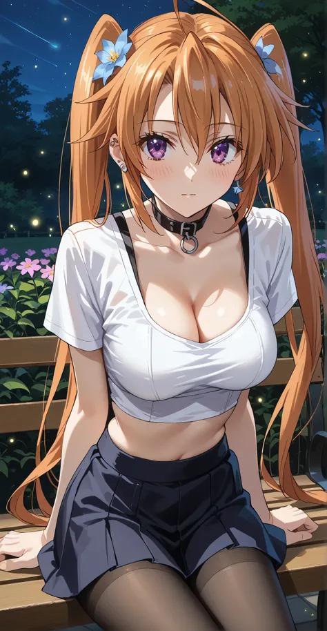 Shidou irina , (long hair, orange hair, twintail ), purple eyes, earrings, ear piercing, multicolored hair, score_9, score_8_up, score_7_up, source_anime, masterpiece,best quality, medium breasts, ((Collar shirt, crop top, Cleavage, skirt, choker, pantyhos...