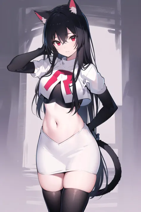 -1girl, solo, cat tail, tail, animal ears, red eyes, cat ears, long hair, black hair, breasts, cat girl, simple background, looking at viewer, hair between eyes, bangs, very long hair, medium breasts, tail raised, animal ear fluff, team rocket,team rocket ...