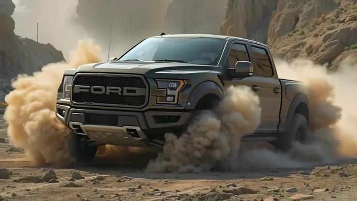 A powerful 2026 Ford F-150 Raptor R speeding through a rugged off-road terrain, dust flying in the air, captured in a cinematic ultra HD 8K shot in a modern car showroom.
