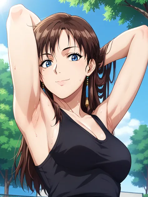 score_9, score_8_up, score_7_up, source_anime, masterpiece, best quality, amazing quality, anime screencap, 1girl, solo, morikawa yukari, brown hair, long hair, mature woman, large breasts, blue eyes, black tank top, sleeveless, bare shoulders, bare arms, ...