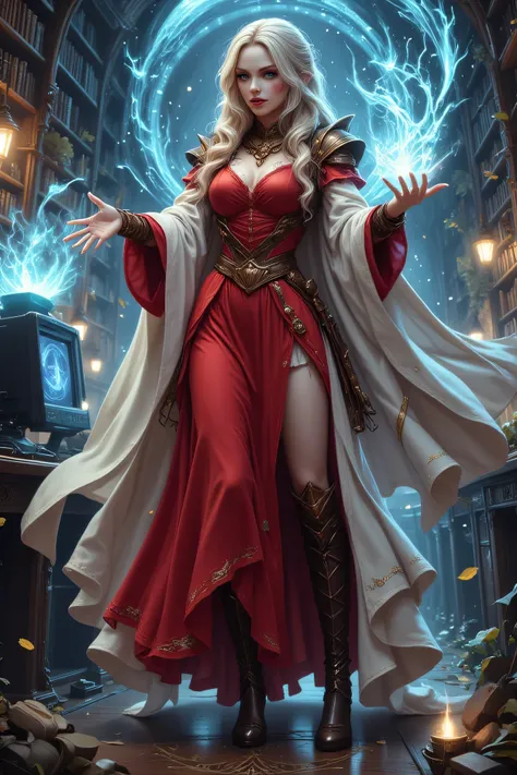 picture of a sorceress casting a spell in science library, exquisite beautiful woman, dynamic hair color, dynamic hair style, ((full body shot: 1.5)), (ultra detailed face: 1.2), best detailed face, high details, best quality, 16k, ((red dress: 1.2), (whit...