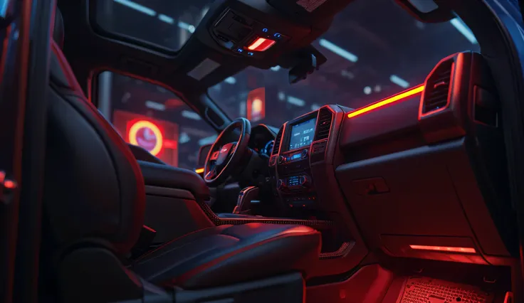 A luxurious close-up of the ambient lighting inside the 2026 Ford F-150 Raptor R’s cabin, illuminating door panels, dashboard trims, and footwells in cinematic style.  
