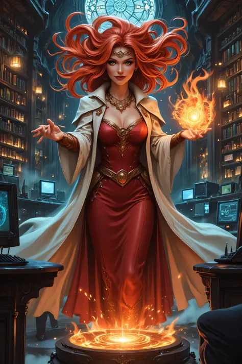 picture of a sorceress casting a chrono magic spell in science library, exquisite beautiful woman, dynamic hair color, dynamic hair style, ((full body shot: 1.5)), (ultra detailed face: 1.2), best detailed face, high details, best quality, 16k, ((red dress...