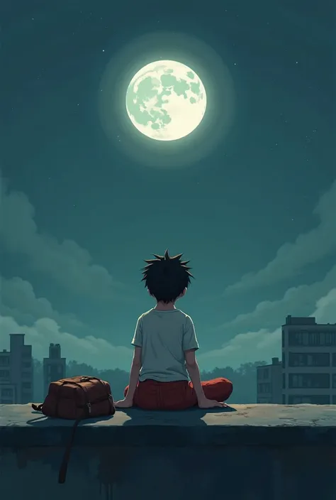 A broken boy looking at the moon in white shirt and red pant holding school bag on the roof of the building 