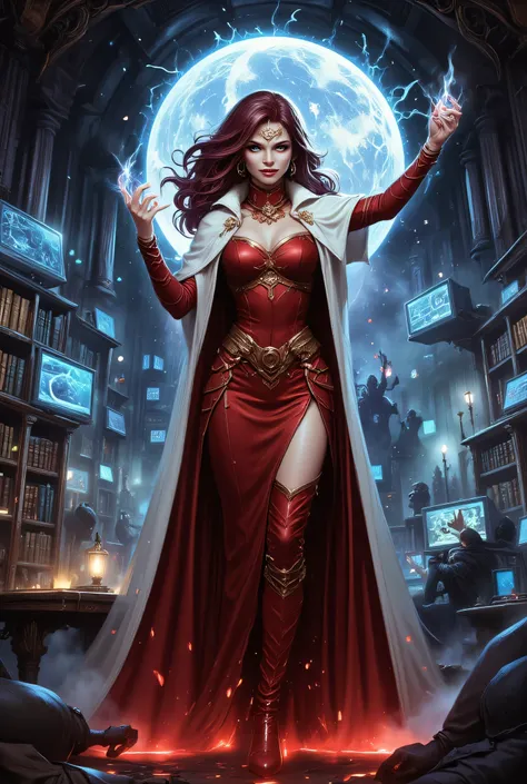 picture of a sorceress casting a Chronomancy magic spell in science library, exquisite beautiful woman, dynamic hair color, dynamic hair style, ((full body shot: 1.5)), (ultra detailed face: 1.2), best detailed face, high details, best quality, 16k, ((red ...