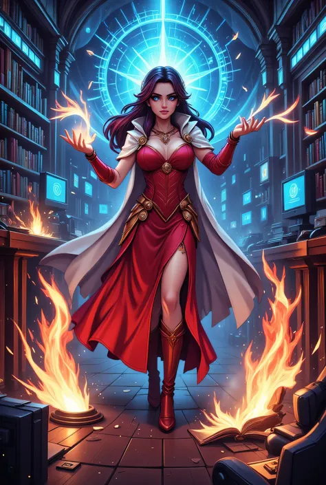 picture of a sorceress casting a Chronomancy magic spell in science library, exquisite beautiful woman, dynamic hair color, dynamic hair style, ((full body shot: 1.5)), (ultra detailed face: 1.2), best detailed face, high details, best quality, 16k, ((red ...