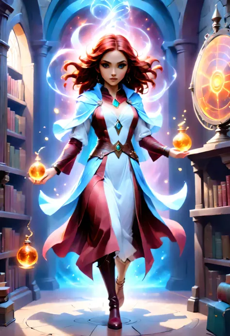 picture of a sorceress casting a chrono magic spell in science library, exquisite beautiful woman, dynamic hair color, dynamic hair style, ((full body shot: 1.5)), (ultra detailed face: 1.2), best detailed face, high details, best quality, 16k, ((red dress...