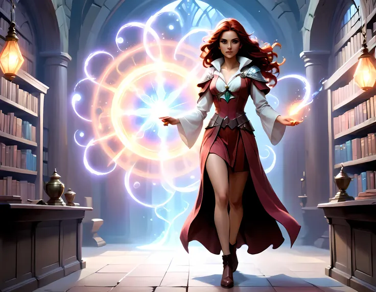 picture of a sorceress casting a chrono magic spell in science library, exquisite beautiful woman, dynamic hair color, dynamic hair style, ((full body shot: 1.5)), (ultra detailed face: 1.2), best detailed face, high details, best quality, 16k, ((red dress...