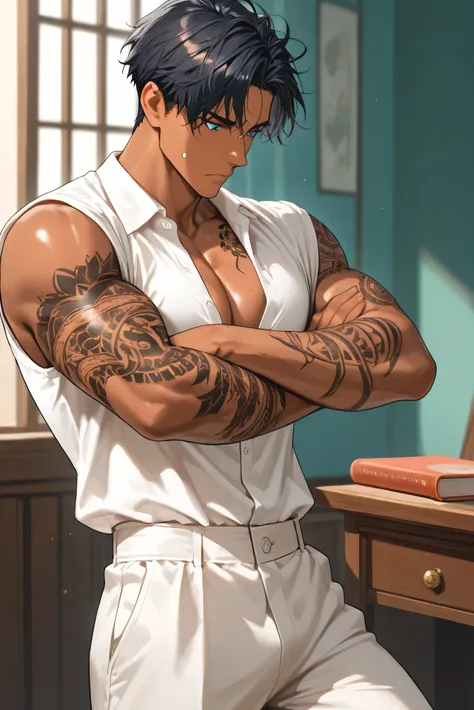 Book Character: beautiful sexy god of 30 years old with rich turquoise eyes, dark hair and tattoos on arms and chest. He is strong, pumped up and beautiful. He has masculine features, light bristles on the face and short hair.  Tanned skin and light-colore...