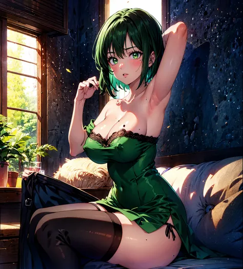 score_9, score_8_up, score_7_up, source_anime, 1girl, EPopmFubuki, black hair, short hair, green eyes, large breast, 1girl, breasts, solo, panties, underwear, large_breasts, mole, thighhighs, cleavage, sitting, mole_on_breast, looking_at_viewer, bare_shoul...