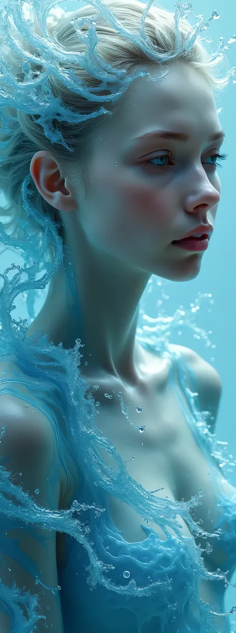 Create a very beautiful and striking image of the representation of water in the human body. I want the image with a pretty face, And the water inside the body like big waves