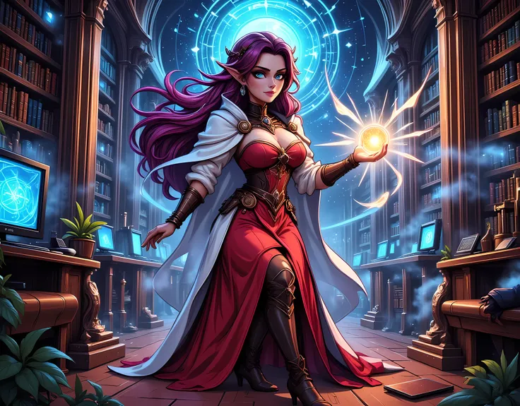 picture of a sorceress casting a Chronomancy magic spell in science library, exquisite beautiful woman, dynamic hair color, dynamic hair style, ((full body shot: 1.5)), (ultra detailed face: 1.2), best detailed face, high details, best quality, 16k, (red d...