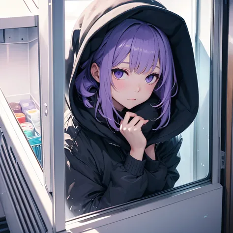 woman alone in freezer feeling cold, violet atmosphere