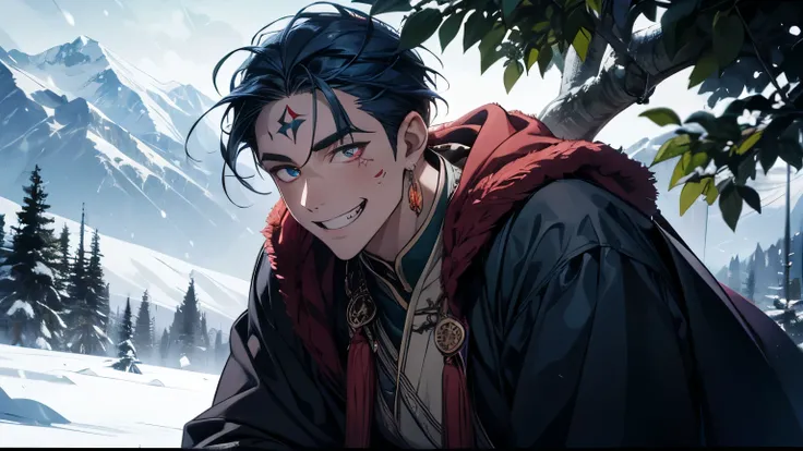 Celts、Snow Mountain Tribe、 male、 tribe who lives on a cliff、Cutting trees、The big man is laughing、 watching 、 dark blue hair, forehead mark, multicolored eyes, crystal earrings, grin, anime, chiaroscuro, cinematic lighting, 4K, textured skin