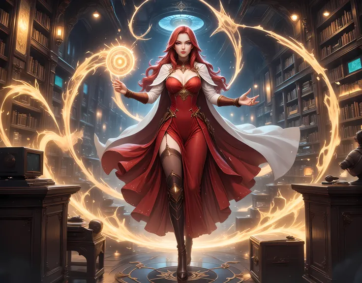 picture of a sorceress casting a Chronomancy magic spell in science library, exquisite beautiful woman, dynamic hair color, dynamic hair style, ((full body shot: 1.5)), (ultra detailed face: 1.2), best detailed face, high details, best quality, 16k, (red d...