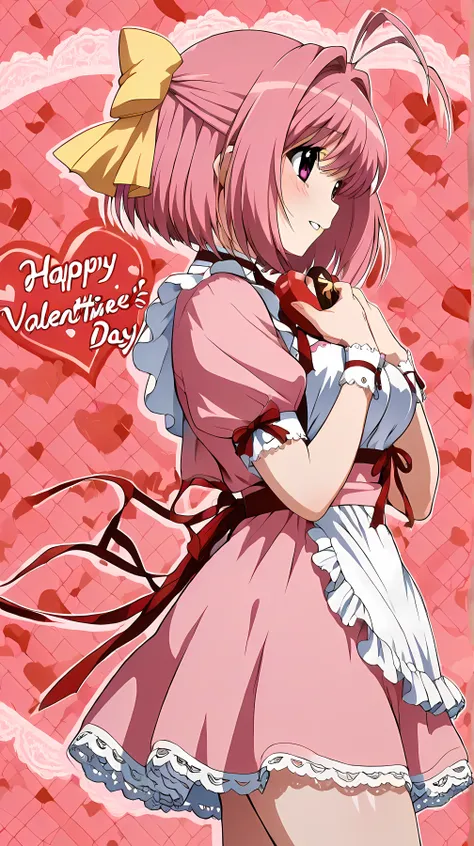nakagawa kanon, The World God Only Knows, kanon nakagawa, short hair, pink hair, hair bow, pink eyes, antenna hair, (anime), valentine, Alone, Beautiful Thighs, from side, Turn around here, yellow ribbon, cowboy shot, maid clothes, clavicle, white lace pat...