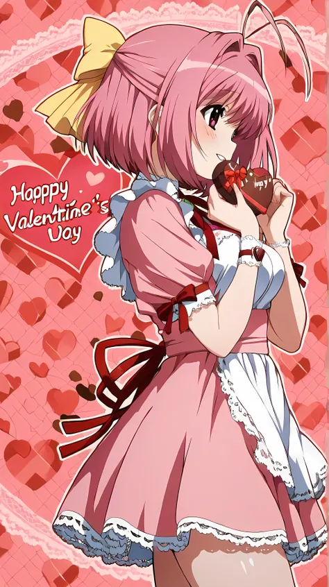 nakagawa kanon, The World God Only Knows, kanon nakagawa, short hair, pink hair, hair bow, pink eyes, antenna hair, (anime), valentine, Alone, Beautiful Thighs, from side, Turn around here, yellow ribbon, cowboy shot, maid clothes, clavicle, white lace pat...