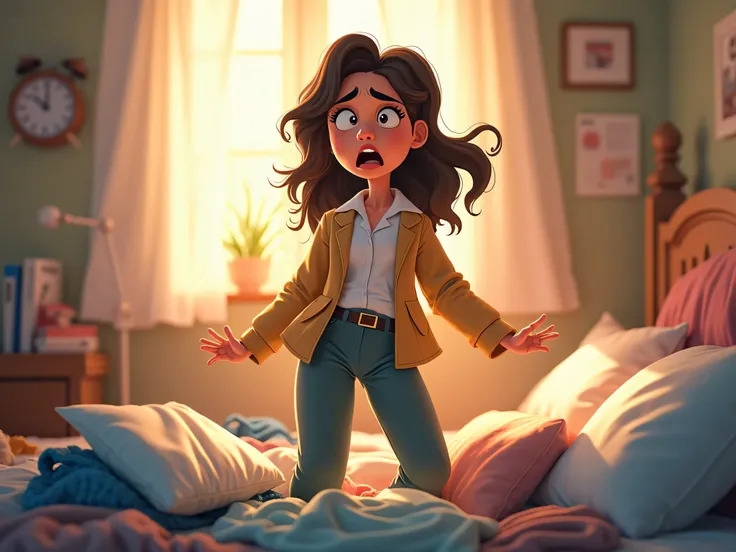 
    Prompt: "A young professional, dressed in a modern outfit, slowly opens her eyes in a cozy bedroom, surrounded by a mess of clothes and morning sunlight streaming through the window. She looks frazzled, with a hint of panic on her face. The bed is clu...