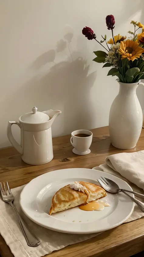 A beautifully arranged flat lay of a cozy breakfast setup at home for one person. The table features a neatly plated breakfast with fluffy pancakes topped with fresh berries and maple syrup, a buttery croissant with jam, a bowl of creamy yogurt with granol...