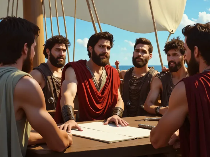 Hercules gathered with Greek warriors around him on a ship, explaining his plan. Hercules places his index finger on the table, maintaining a realistic painting style with minimal background elements to keep the focus on the characters. The warriors are li...