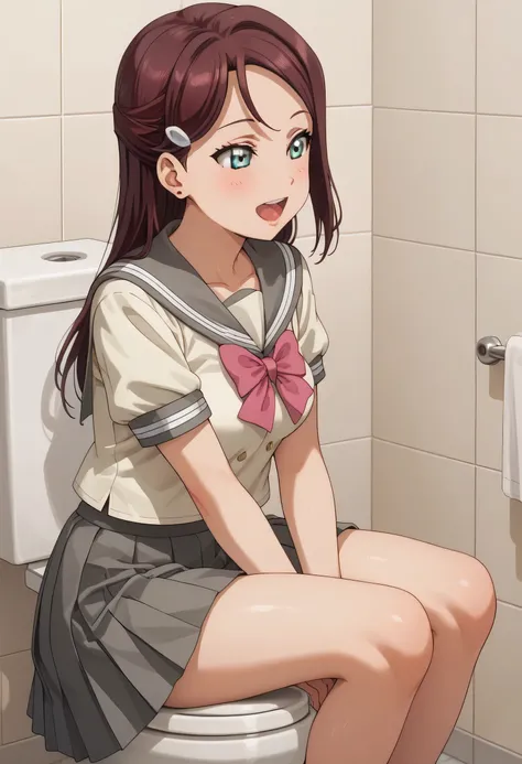 An image of Riko Sakurauchi ,  style with medium breasts, wearing a sailor fuku and gray skirt , Sitting on the toilet while singing happily.