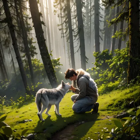 A young boy, his curiosity piqued, reaches out to touch a majestic gray wolf's fur as it pads through the misty forest glade. The camera frames the tender moment from above, capturing the gentle interaction between species amidst the tranquility of towerin...