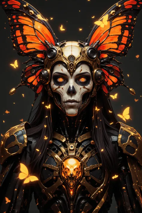 This is a highly detailed, hyper-realistic CGI artwork depicting an otherworldly, futuristic figure. The subject is a skeletal woman with a human skull for a head, adorned with intricate, ornate accessories. Her face is a hollow, white skull with glowing, ...