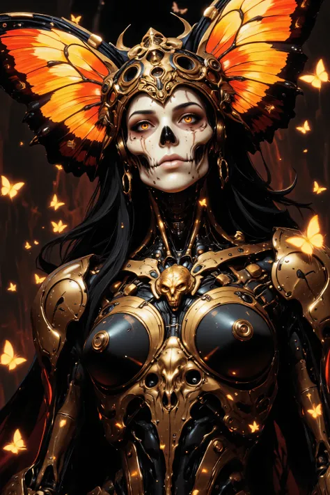 This is a highly detailed, hyper-realistic CGI artwork depicting an otherworldly, futuristic figure. The subject is a skeletal woman with a human skull for a head, adorned with intricate, ornate accessories. Her face is a hollow, white skull with glowing, ...