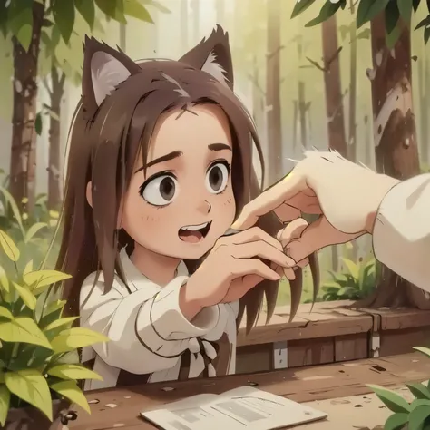 A young boy, his curiosity piqued, reaches out to touch a majestic gray wolf's fur as it pads through the misty forest glade