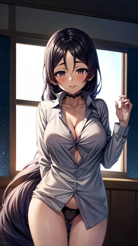 （ Super Quality , Ultra High Resolution,16k,super masterpiece,Ultra HD , detailed shading and background,）sexy older sister, long purple hair,thin transparent sexy long sleeve white nude shirt, cleavage, only black panties on the lower body,blush,smile,Ope...