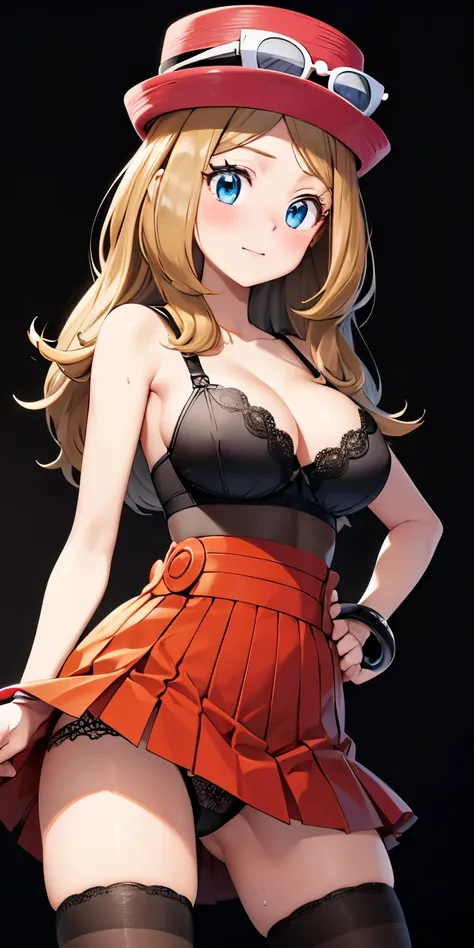 1 Female,High definition,high resolution,Ultra-realistic,8K,aaserena, solo, long hair, eyewear on headwear, pink headwear, eyelashes, blue eyes, sleeveless shirt, black shirt, bracelet, high-waist skirt, red skirt, black thighhighs,standing, solo,  standin...