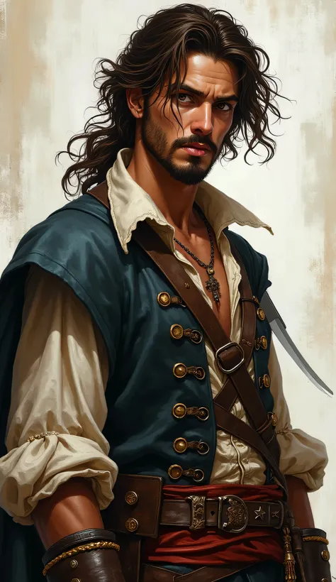 Young man of about 25, from the Iberian Peninsula, pirate,  espadachin,  with gallant posture, espada ropera y vestido pirate, dark brown hair with medium hair and goatee and hazel eyes, European drawing style