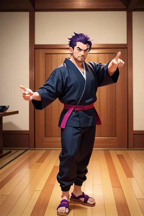 The image features a 40-year-old man in anime style,  wearing a predominantly black ninja outfit with purple details .  He wears a purple belt and has a long red band tied around his neck , which extends backwards .  The character has short, spiky dark blu...