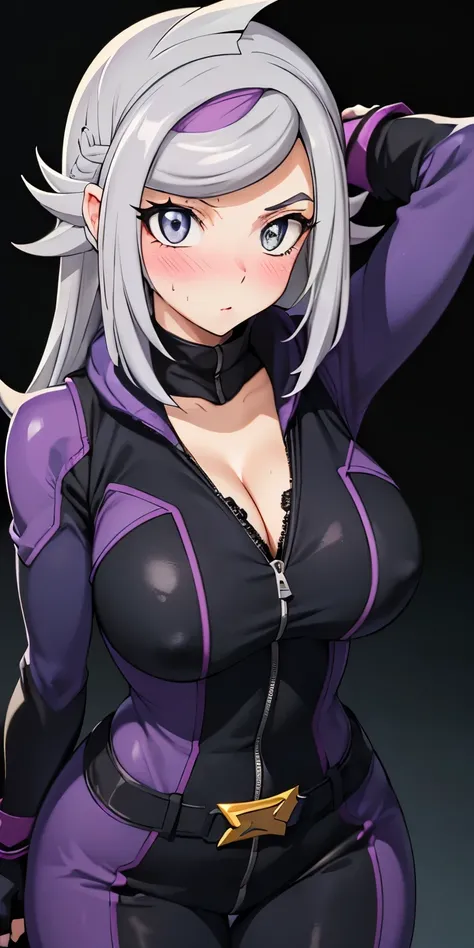 1 Female,High definition,high resolution,Ultra-realistic,8K,1girl,  (emma_bessho:1.2),  (grey hair:1.2),(  purple hair:1.2),  grey eyes,  low-tied long hair,  (large breasts:1.2),  (wide hips:1.2),  (purple bodysuit:1.2),  (long sleeves:1.2),  pants,  (bla...