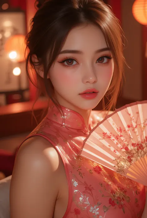 Cat ears、 face up, attractive, pretty girl, ponytail、 (( fine facial features , eroticism)), dramatic lighting , realistic , 8k, Dramatic Shadows , intricate and elaborate patterns , super detailed photo , chiaroscuro lighting , Pleasant colors , deep cont...