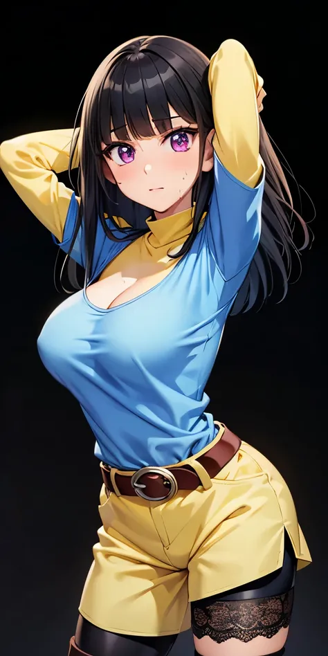 1 Female,High definition,high resolution,Ultra-realistic,8K,masumi kotsu
,black hair, blunt bangs, purple eyes, long hair,
blue shirt, short-sleeved shirt, yellow shirt, long-sleeved shirt, layered sleeves, turtle neck, bike shorts, black shorts, yellow sh...