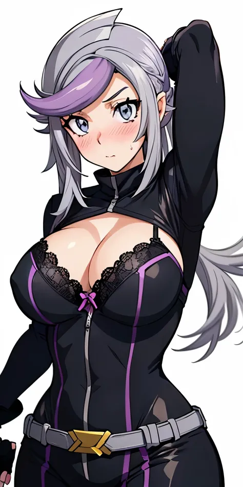 1 Female,High definition,high resolution,Ultra-realistic,8K,1girl,  (emma_bessho:1.2),  (grey hair:1.2),(  purple hair:1.2),  grey eyes,  low-tied long hair,  (large breasts:1.2),  (wide hips:1.2),  (purple bodysuit:1.2),  (long sleeves:1.2),  pants,  (bla...