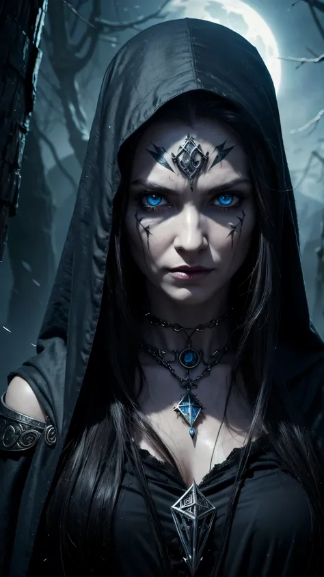  an old elf woman, Her once luminous skin has taken on a ghostly pallor, her eyes gleam with an unsettling intensity, and her long, black hair now flows like a river of moonlight. Her skin is old and wrinkled. She wears a black glowing necklace. She has an...