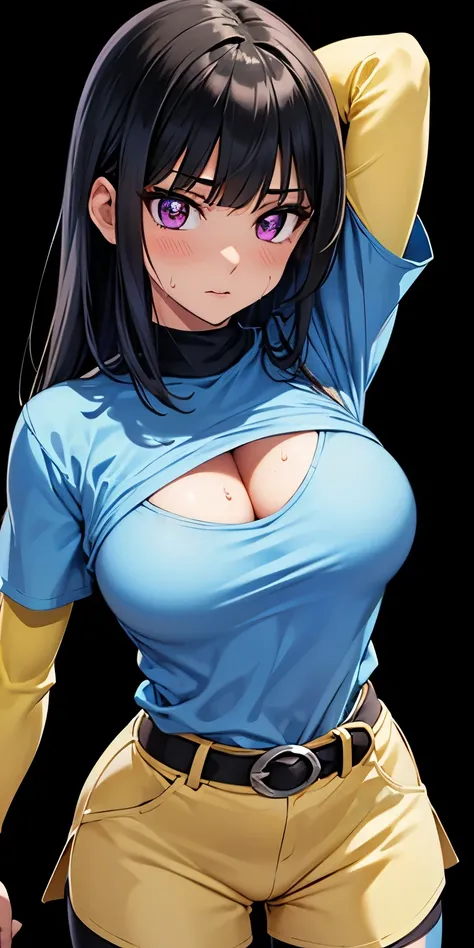 1 Female,High definition,high resolution,Ultra-realistic,8K,masumi kotsu
,black hair, blunt bangs, purple eyes, long hair,
blue shirt, short-sleeved shirt, yellow shirt, long-sleeved shirt, layered sleeves, turtle neck, bike shorts, black shorts, yellow sh...