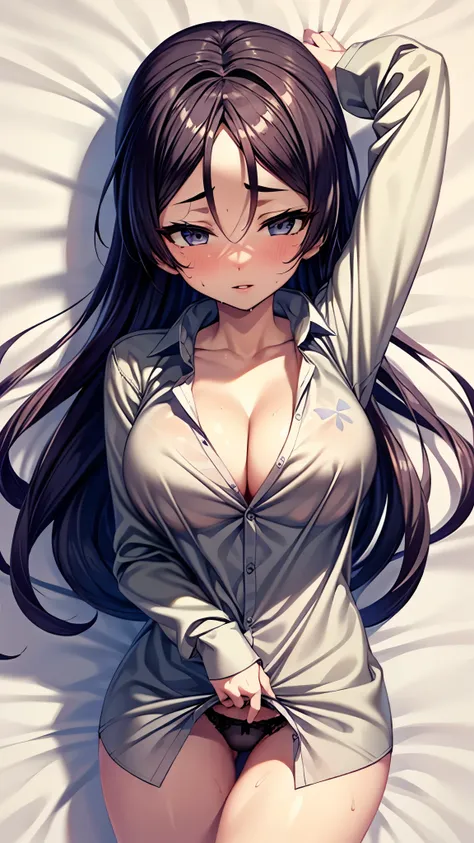 （ Super Quality , Ultra High Resolution,16k,super masterpiece,Ultra HD , detailed shading and background,）sexy older sister, long purple hair,sexy long sleeve white naked shirt, cleavage, only black panties on the lower body,blush, sweaty,Open your lips a ...