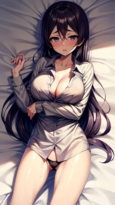 （ Super Quality , Ultra High Resolution,16k,super masterpiece,Ultra HD , detailed shading and background,）The sexy older sister is looking up, long purple hair,sexy long sleeve white naked shirt, cleavage, only black panties on the lower body,blush, sweaty...