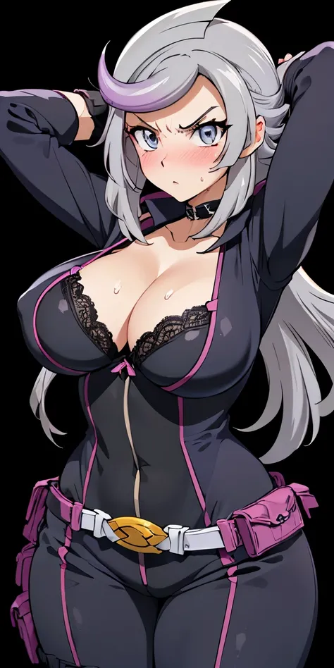 1 Female,High definition,high resolution,Ultra-realistic,8K,1girl,  (emma_bessho:1.2),  (grey hair:1.2),(  purple hair:1.2),  grey eyes,  low-tied long hair,  (large breasts:1.2),  (wide hips:1.2),  (purple bodysuit:1.2),  (long sleeves:1.2),  pants,  (bla...