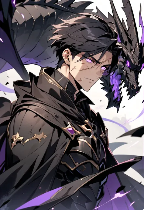 Handsome, solo, 1 male, short hair, black hair, purple eyes, black armor, black cloak, black dragon, high quality, high anatomy, scar on the face, more mature face, worn armor, eye aids, high quality eyes, extra eye detail, glowing eyes, eyes of dragon, ar...