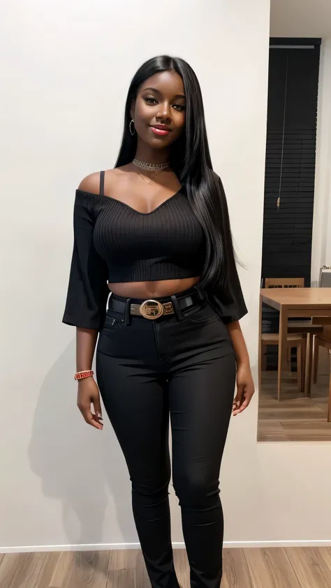 Beautiful 19-year-old dark-skinned brunette girl with straight and long black-colored hair with brown eyes wearing red lipstick wearing high-waisted jeans with belt and top showing off her chubby round navel