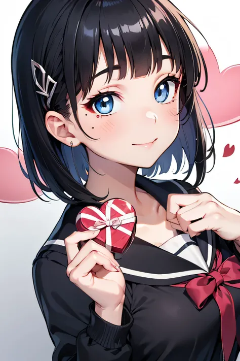 (shiny skin:1.4),perfect hand,date with viewer,(valentine:1.3)(,boy:1.2),,(school uniform:1.2),solo,mole under eye,hair accessory,smile,blue eyes,black hair,short hair,,