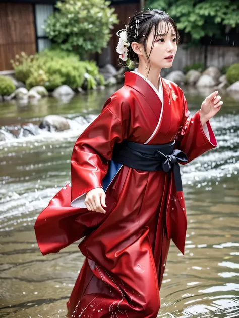 Realistic, long-sleeved kimono, hakama, long hakama, floral kimono, wet clothes, soaking wet clothes, wet gloss, clothes with a wet texture, clothes that stick to the body, wet clothes, rain-soaked clothes, soaking wet, running through water, being submerg...