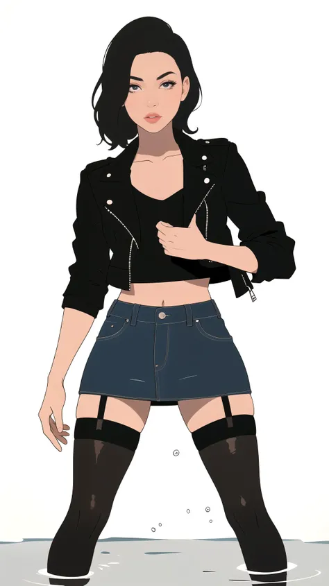 close-up, diva  ,     simple vector illustration   ,   standing, denim skirt ,  leather jacket ,   black top , drowning in a tiny bog , lips,   white background , desperate posing, stockings with garters