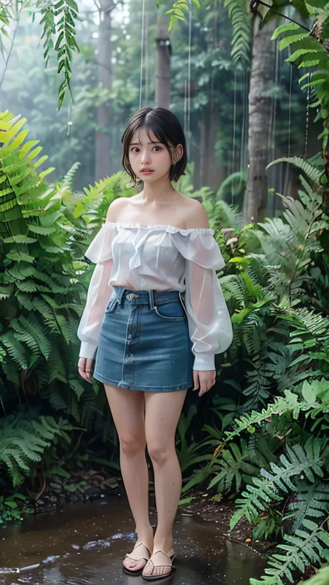   Very Well Detailed CG Unity 8k Wallpaper 、  top quality、  very well detailed、  Masterpiece、reality、reality、  very well detailedなかわいい女の子、(( Foggy Jungle:1.5))、(( Ferns Are Overgrown :1.5))、((Hiking with a backpack :1.5))、(( High Resolution Detailed Photo ...