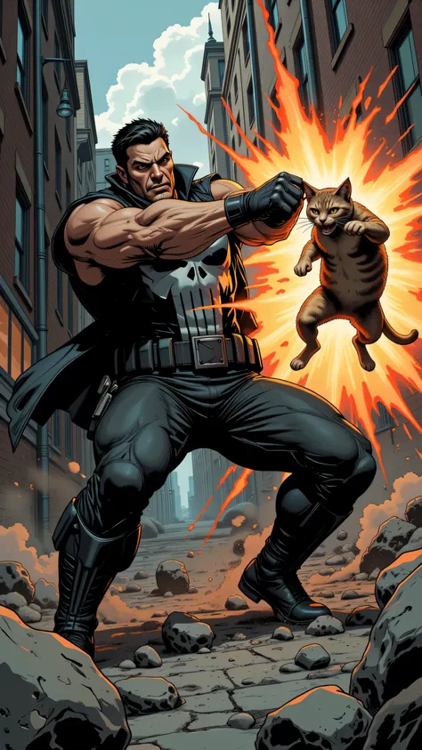 Image of the Punisher punching a cat and it flies away
A cat fighting a monkey